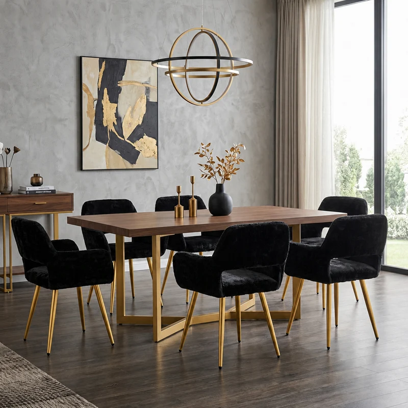 Lot de 6 fauteuils de salle à manger de style scandinave en fausse fourrure noire avec pieds en métal doré