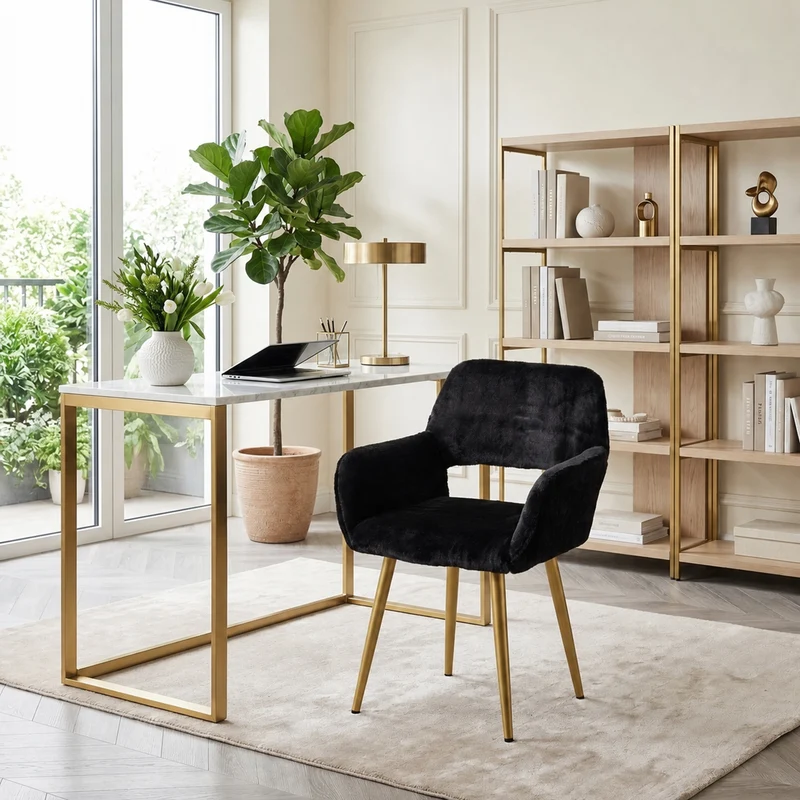 Lot de 2 fauteuils de salle à manger de style scandinave en fausse fourrure noire avec pieds en métal doré