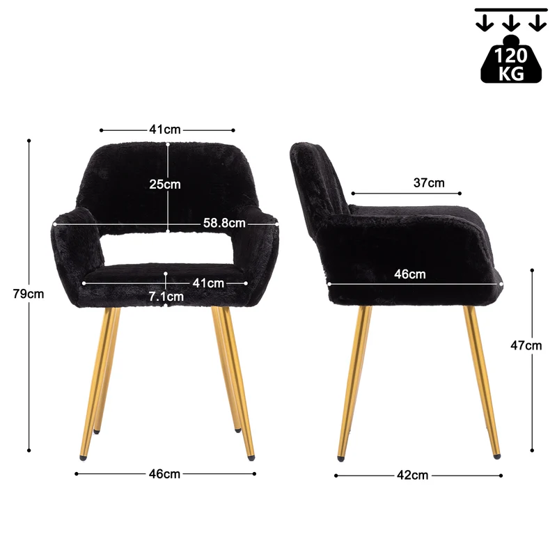 Lot de 2 fauteuils de salle à manger de style scandinave en fausse fourrure noire avec pieds en métal doré