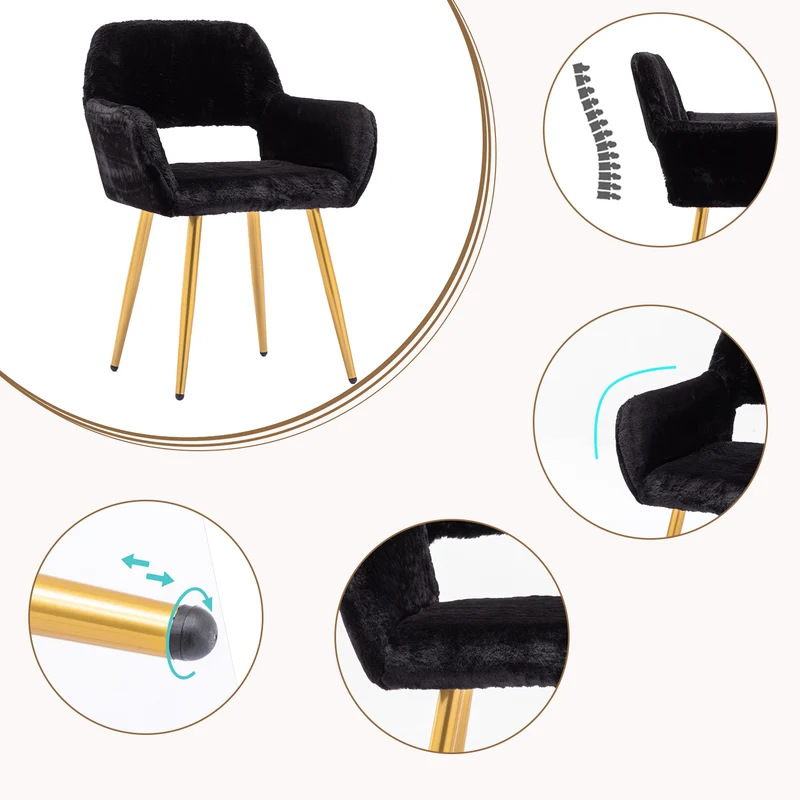 Lot de 2 fauteuils de salle à manger de style scandinave en fausse fourrure noire avec pieds en métal doré