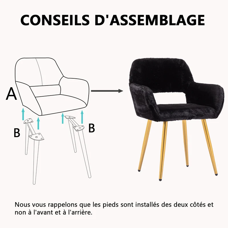 Lot de 2 fauteuils de salle à manger de style scandinave en fausse fourrure noire avec pieds en métal doré