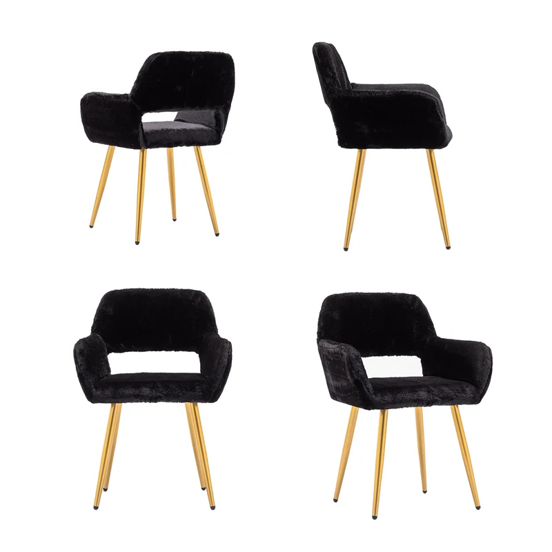 Lot de 2 fauteuils de salle à manger de style scandinave en fausse fourrure noire avec pieds en métal doré