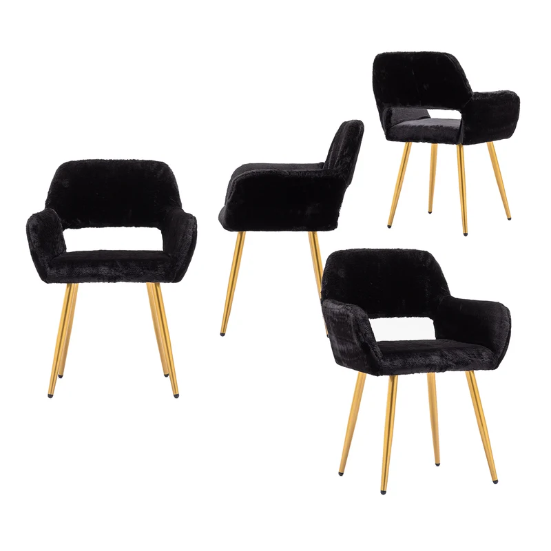 Lot de 4 fauteuils de salle à manger de style scandinave en fausse fourrure noire avec pieds en métal doré