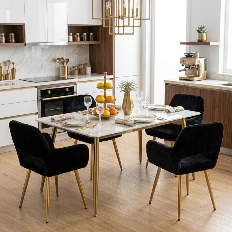 Lot de 4 fauteuils de salle à manger de style scandinave en fausse fourrure noire avec pieds en métal doré