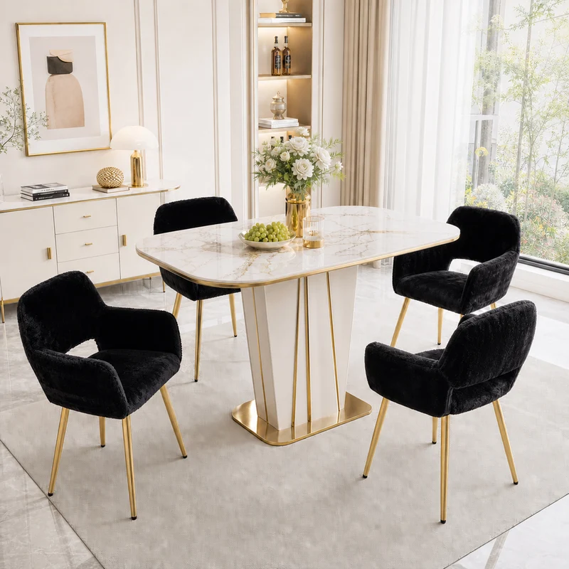 Lot de 4 fauteuils de salle à manger de style scandinave en fausse fourrure noire avec pieds en métal doré