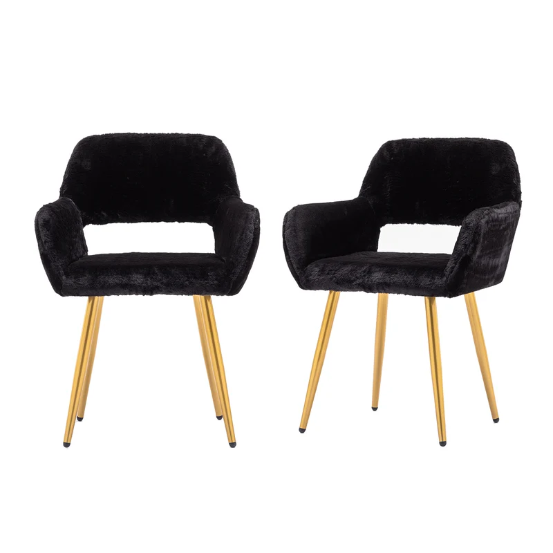 Lot de 2 fauteuils de salle à manger de style scandinave en fausse fourrure noire avec pieds en métal doré