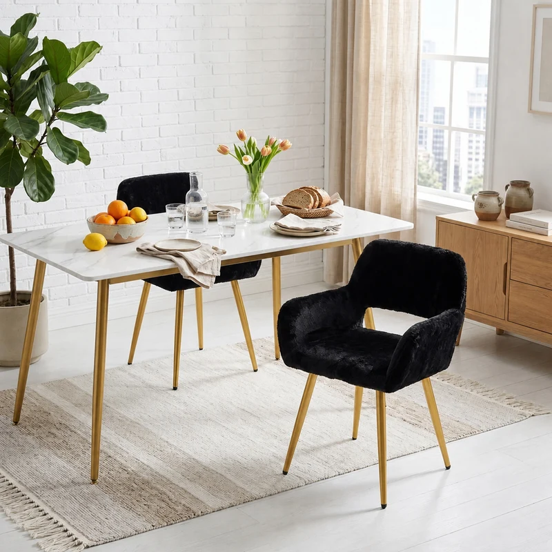 Lot de 2 fauteuils de salle à manger de style scandinave en fausse fourrure noire avec pieds en métal doré