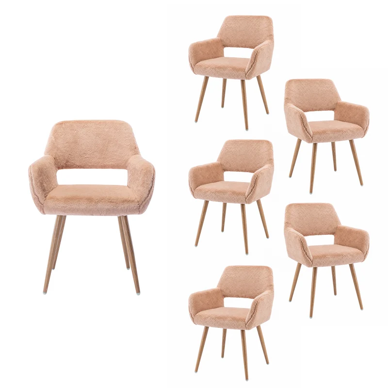 Lot de 6 fauteuils de salle à manger de style scandinave en fausse fourrure camel avec pieds en métal effet bois