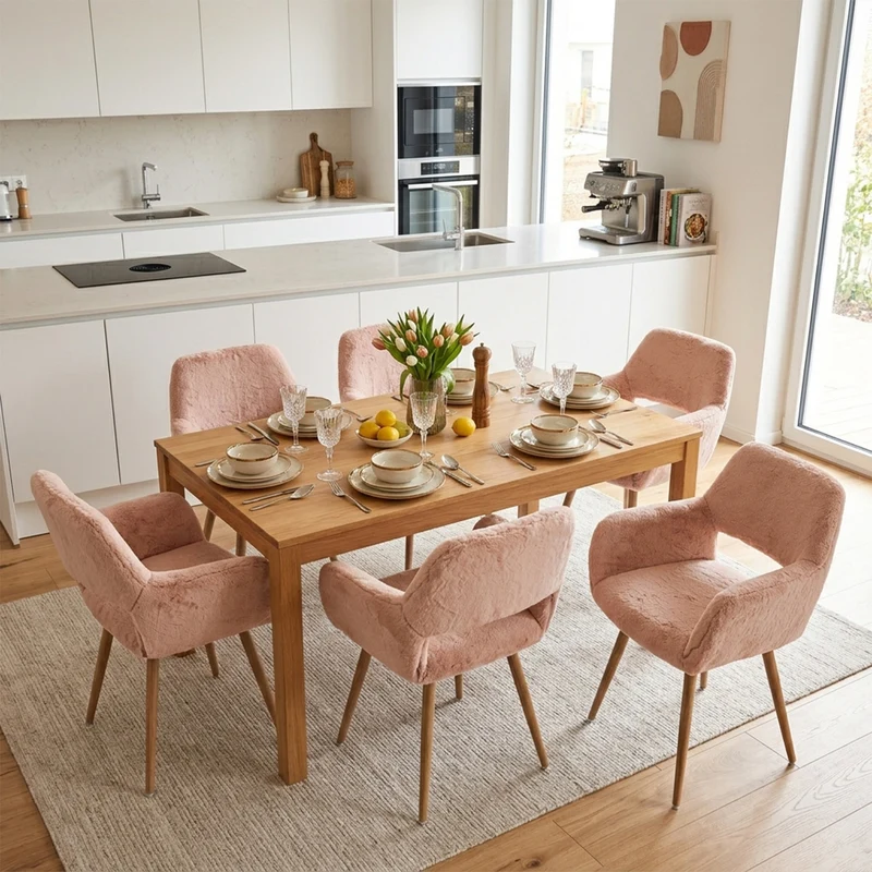 Lot de 6 fauteuils de salle à manger de style scandinave en fausse fourrure camel avec pieds en métal effet bois