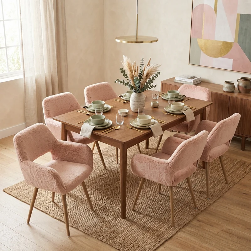 Lot de 6 fauteuils de salle à manger de style scandinave en fausse fourrure camel avec pieds en métal effet bois