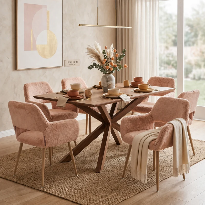 Lot de 6 fauteuils de salle à manger de style scandinave en fausse fourrure camel avec pieds en métal effet bois