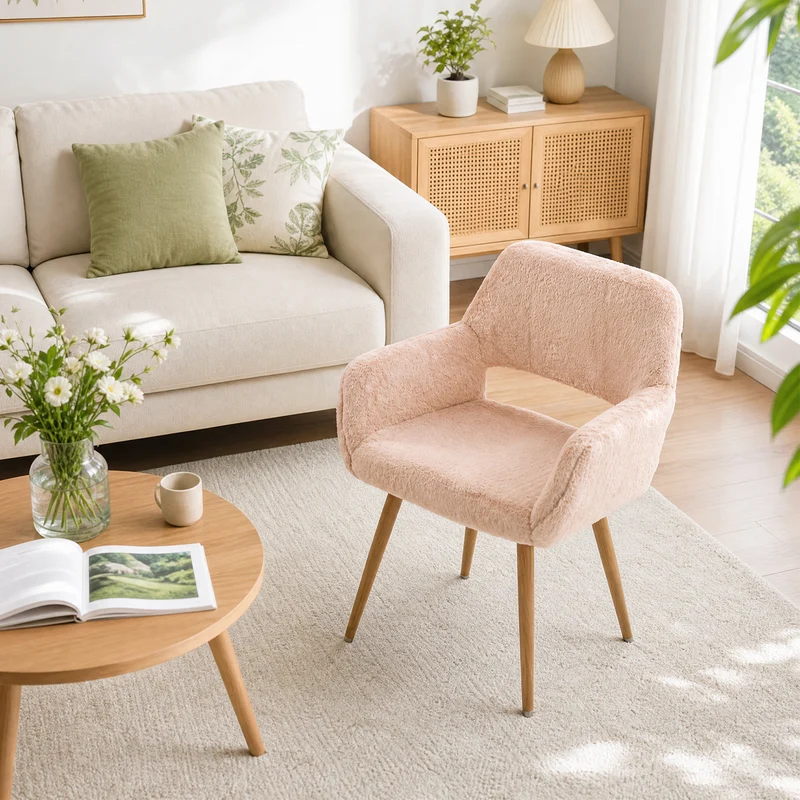Chaise de salle à manger de style scandinave en fausse fourrure camel avec pieds en métal effet bois