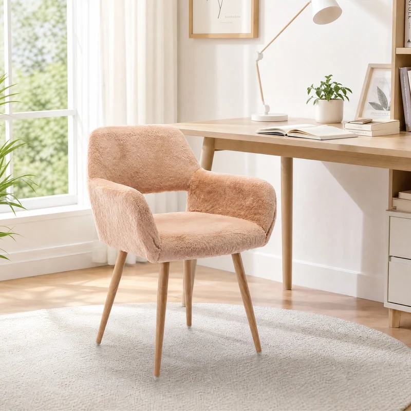 Chaise de salle à manger de style scandinave en fausse fourrure camel avec pieds en métal effet bois
