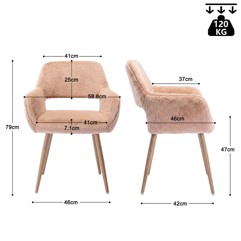 Chaise de salle à manger de style scandinave en fausse fourrure camel avec pieds en métal effet bois