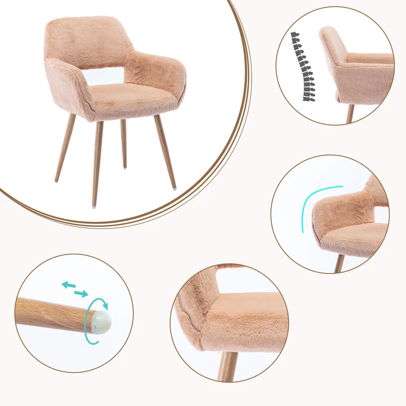 Chaise de salle à manger de style scandinave en fausse fourrure camel avec pieds en métal effet bois