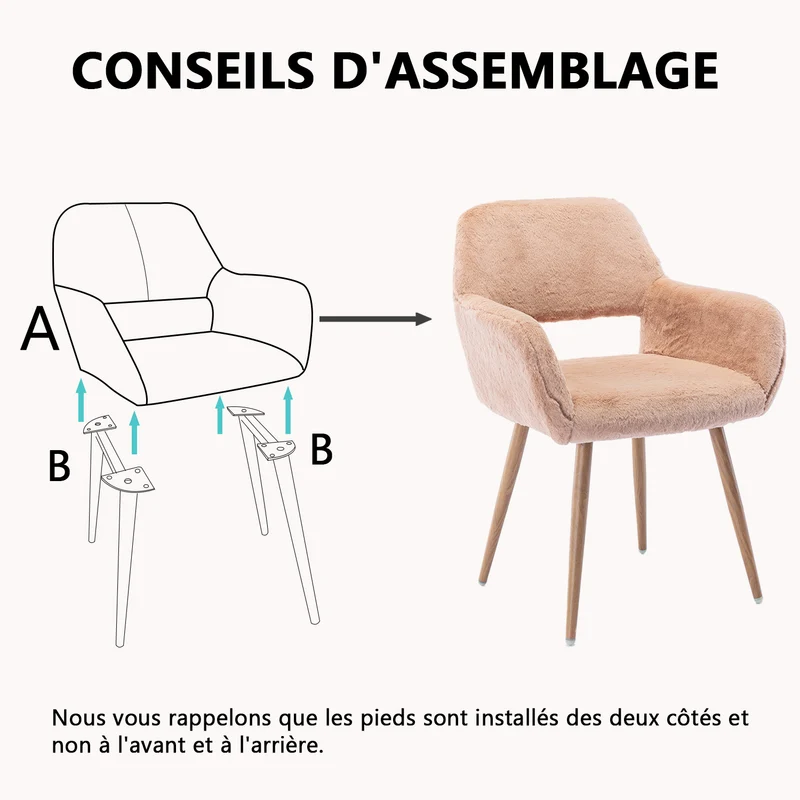 Chaise de salle à manger de style scandinave en fausse fourrure camel avec pieds en métal effet bois