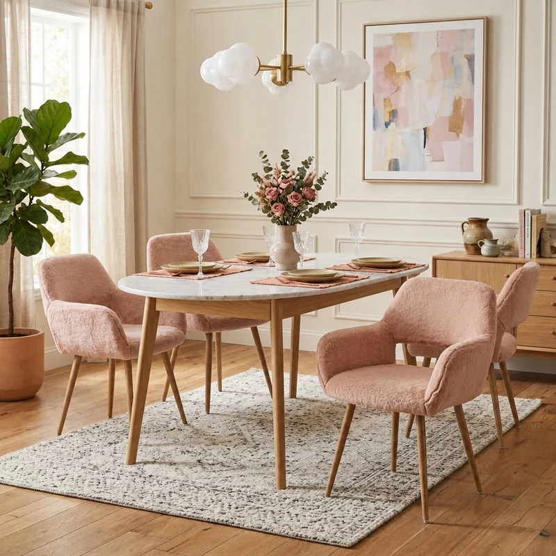 Lot de 4 fauteuils de salle à manger de style scandinave en fausse fourrure camel avec pieds en métal effet bois