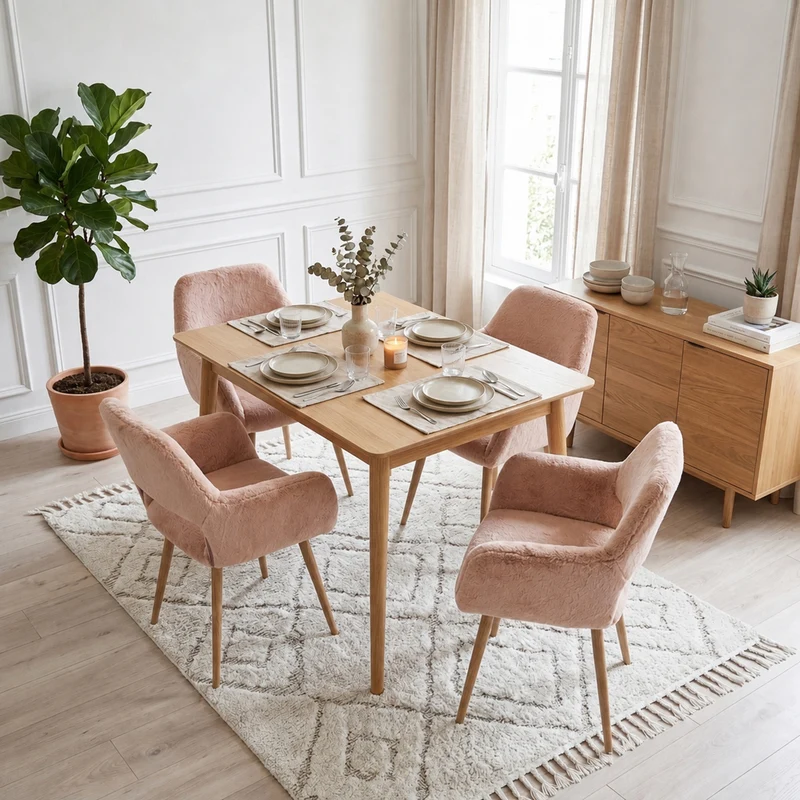 Lot de 4 fauteuils de salle à manger de style scandinave en fausse fourrure camel avec pieds en métal effet bois