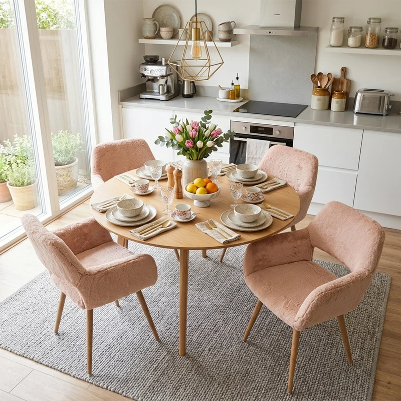 Lot de 4 fauteuils de salle à manger de style scandinave en fausse fourrure camel avec pieds en métal effet bois