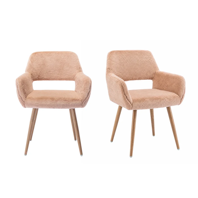 Lot de 2 fauteuils de salle à manger de style scandinave en fausse fourrure camel avec pieds en métal effet bois