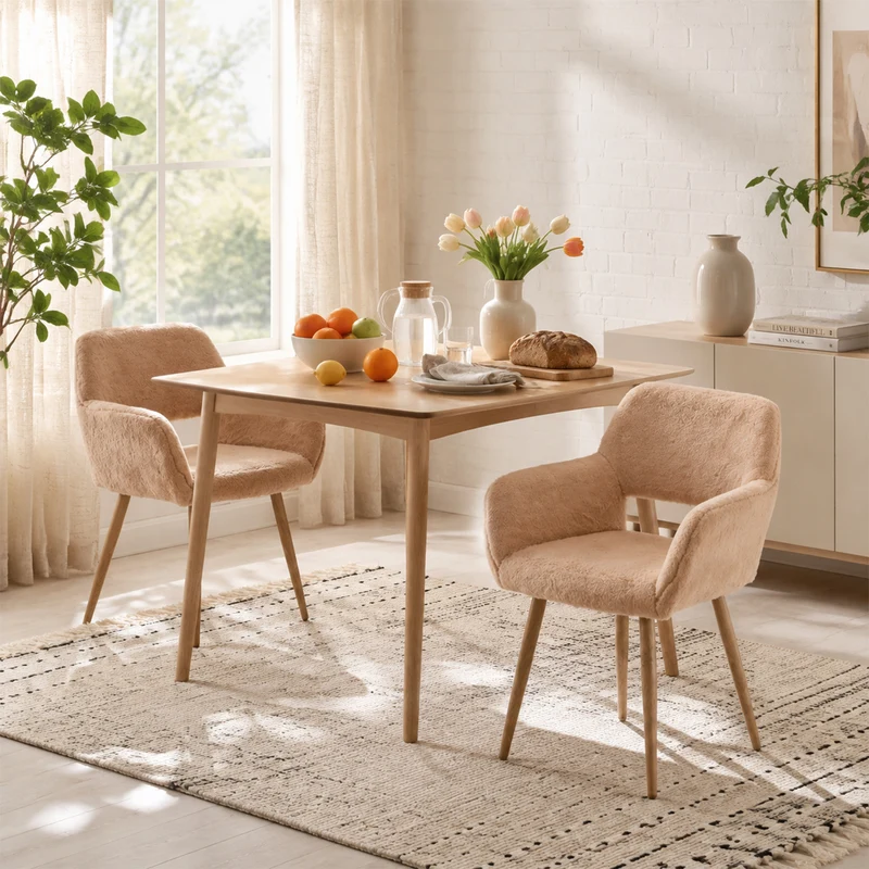 Lot de 2 fauteuils de salle à manger de style scandinave en fausse fourrure camel avec pieds en métal effet bois