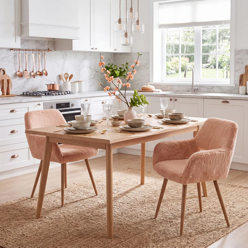 Lot de 2 fauteuils de salle à manger de style scandinave en fausse fourrure camel avec pieds en métal effet bois