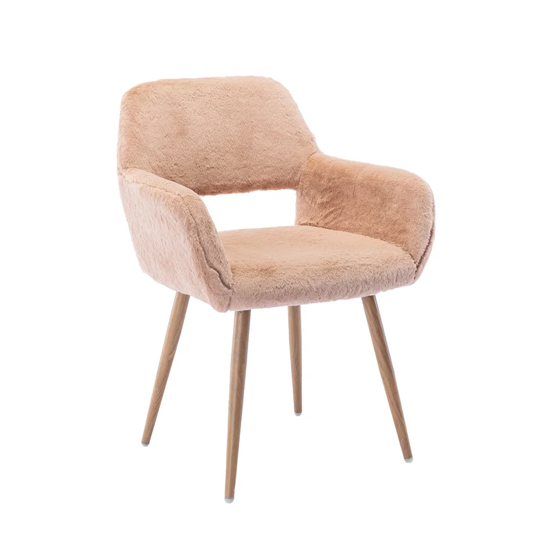 Chaise de salle à manger de style scandinave en fausse fourrure camel avec pieds en métal effet bois
