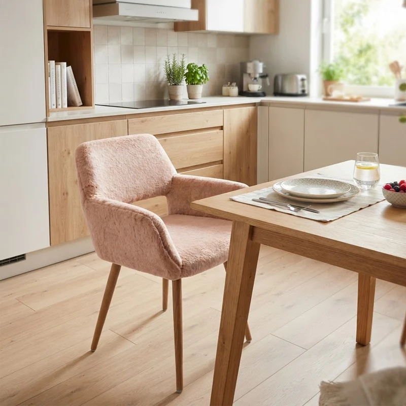 Chaise de salle à manger de style scandinave en fausse fourrure camel avec pieds en métal effet bois