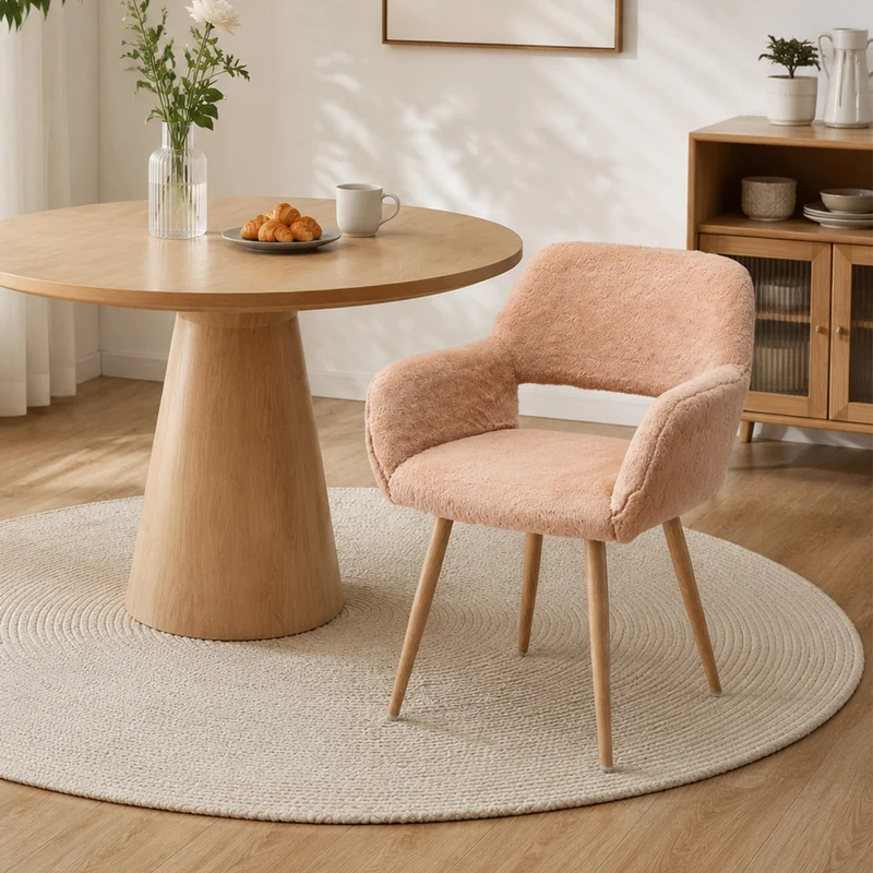 Chaise de salle à manger de style scandinave en fausse fourrure camel avec pieds en métal effet bois