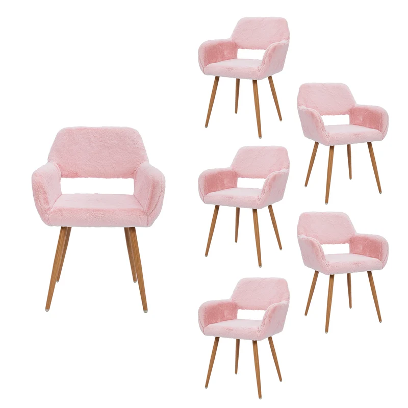 Lot de 6 fauteuils de salle à manger de style scandinave en fausse fourrure rose avec pieds en métal effet bois