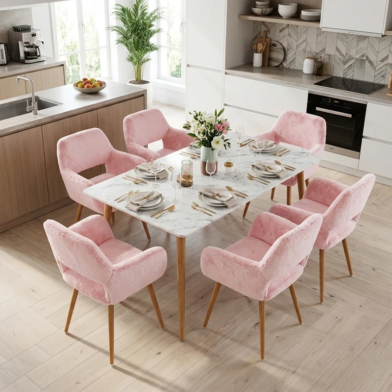 Lot de 6 fauteuils de salle à manger de style scandinave en fausse fourrure rose avec pieds en métal effet bois
