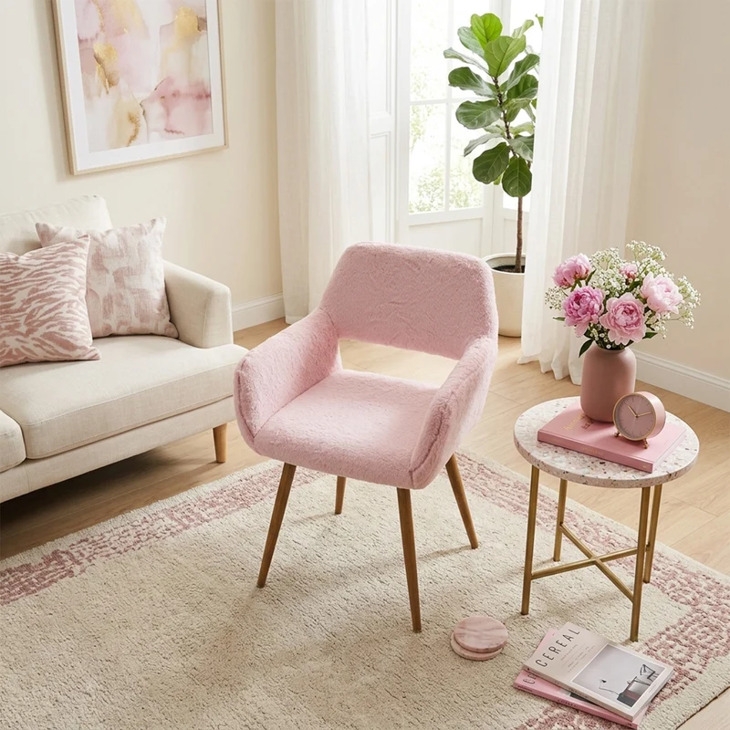 Lot de 2 fauteuils de salle à manger de style scandinave en fausse fourrure rose avec pieds en métal effet bois