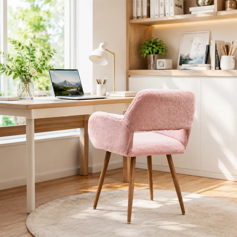 Lot de 6 fauteuils de salle à manger de style scandinave en fausse fourrure rose avec pieds en métal effet bois