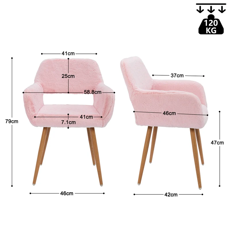Lot de 2 fauteuils de salle à manger de style scandinave en fausse fourrure rose avec pieds en métal effet bois
