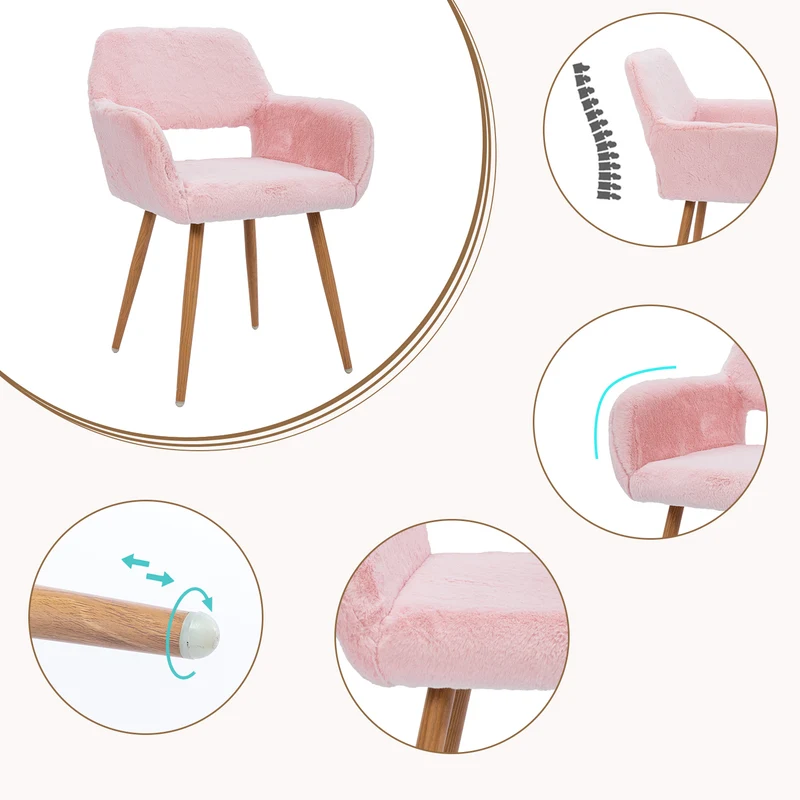 Lot de 2 fauteuils de salle à manger de style scandinave en fausse fourrure rose avec pieds en métal effet bois