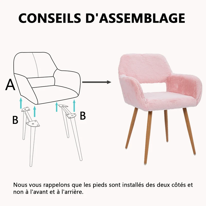 Lot de 2 fauteuils de salle à manger de style scandinave en fausse fourrure rose avec pieds en métal effet bois