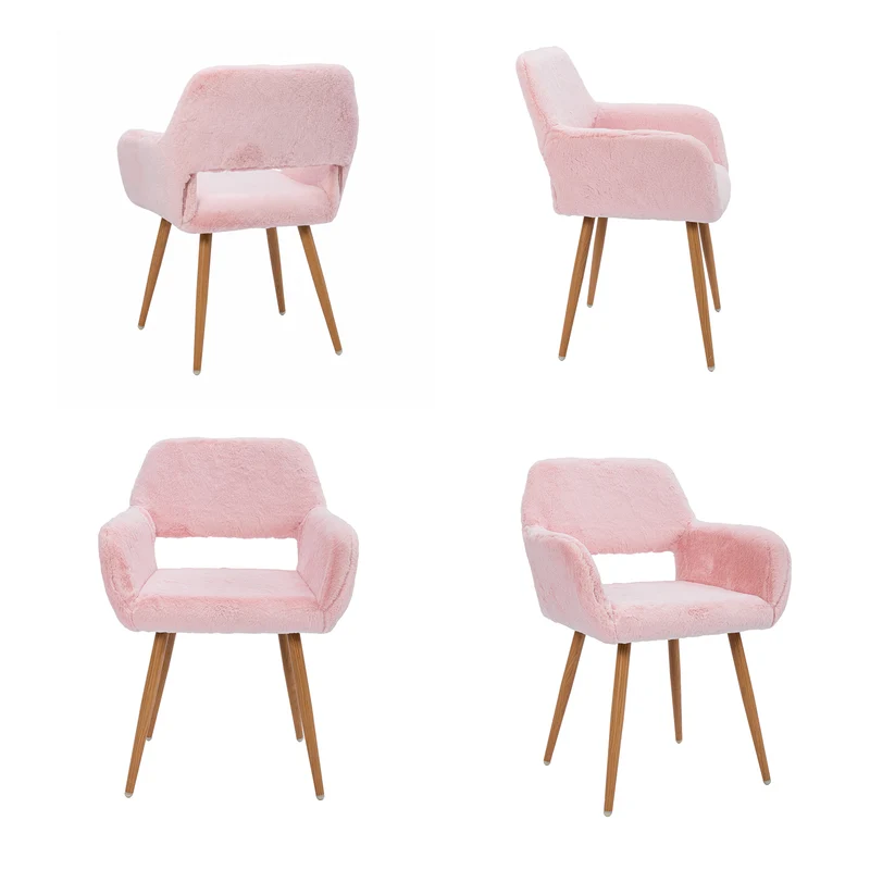 Lot de 2 fauteuils de salle à manger de style scandinave en fausse fourrure rose avec pieds en métal effet bois