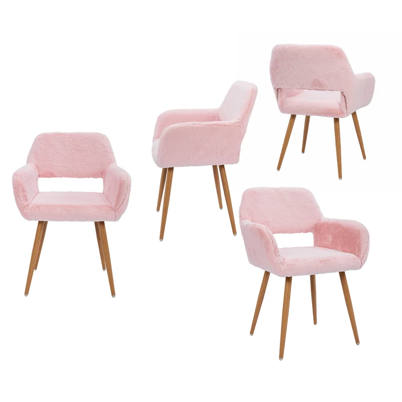 Lot de 4 fauteuils de salle à manger de style scandinave en fausse fourrure rose avec pieds en métal effet bois