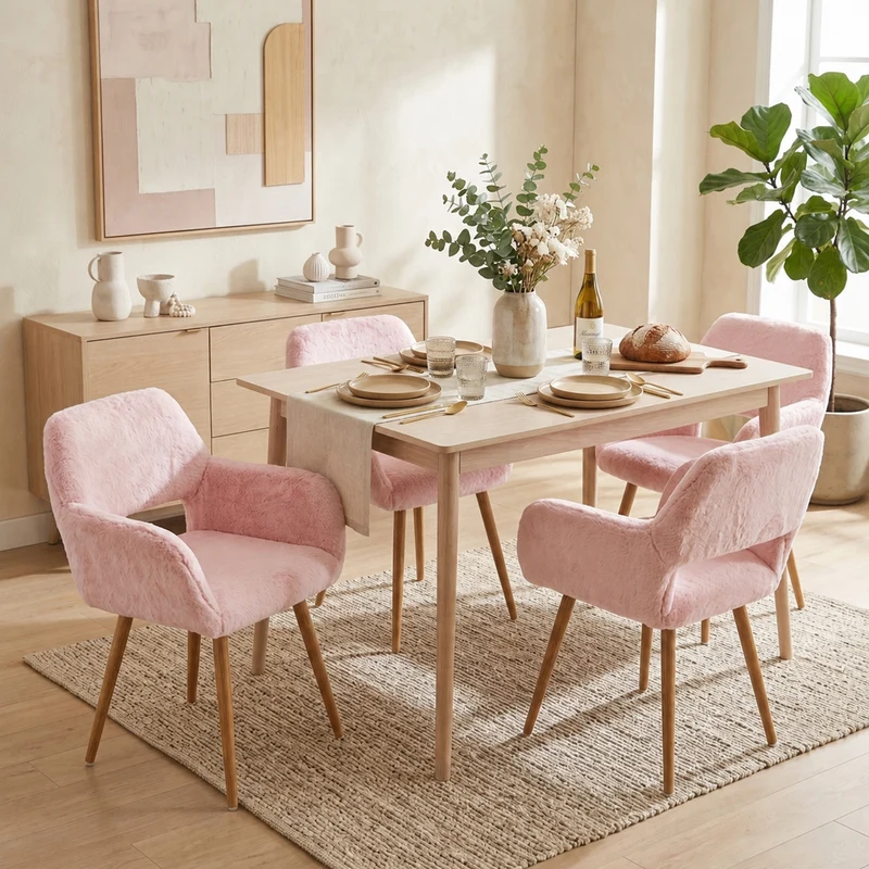 Lot de 4 fauteuils de salle à manger de style scandinave en fausse fourrure rose avec pieds en métal effet bois