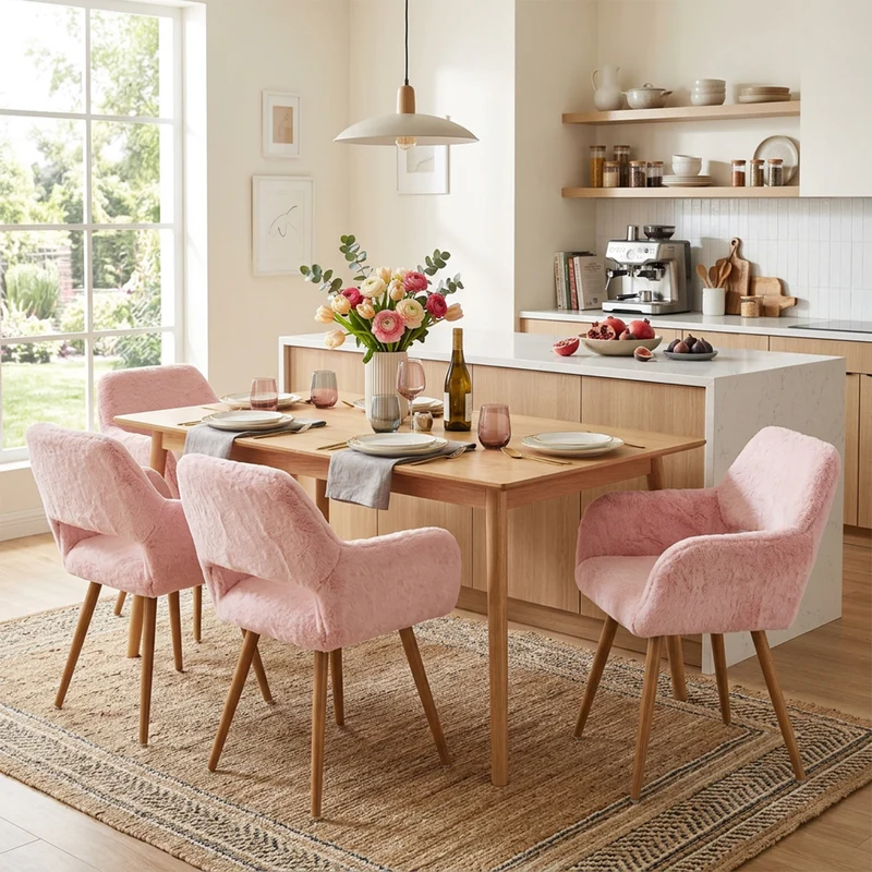 Lot de 4 fauteuils de salle à manger de style scandinave en fausse fourrure rose avec pieds en métal effet bois