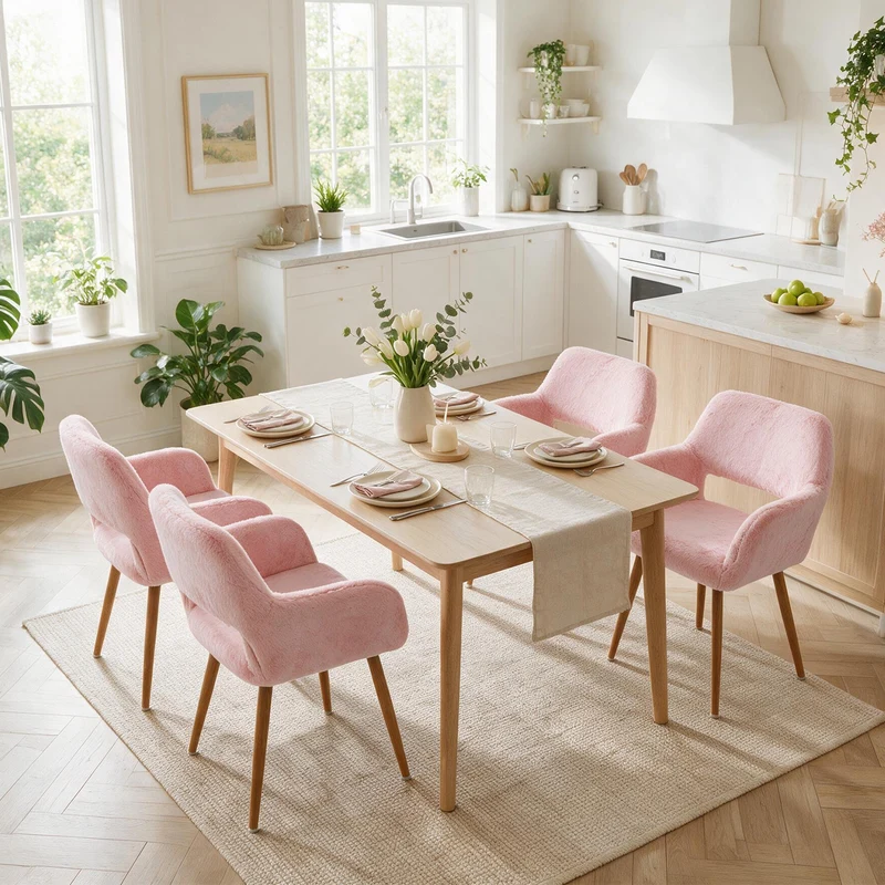 Lot de 4 fauteuils de salle à manger de style scandinave en fausse fourrure rose avec pieds en métal effet bois