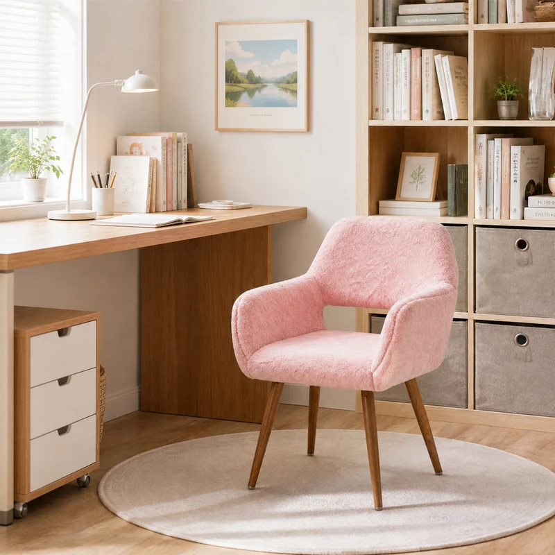 Lot de 2 fauteuils de salle à manger de style scandinave en fausse fourrure rose avec pieds en métal effet bois