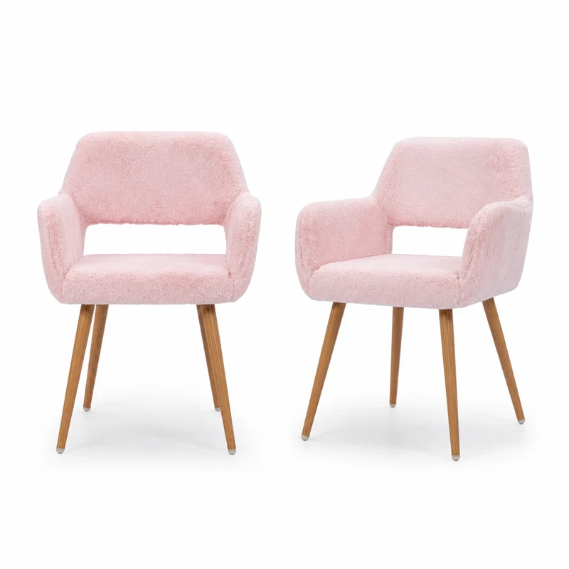 Lot de 2 fauteuils de salle à manger de style scandinave en fausse fourrure rose avec pieds en métal effet bois