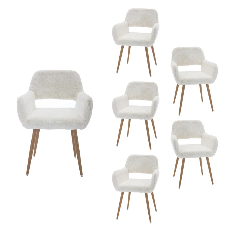 Lot de 6 fauteuils de salle à manger de style scandinave en fausse fourrure blanche avec pieds en métal effet bois