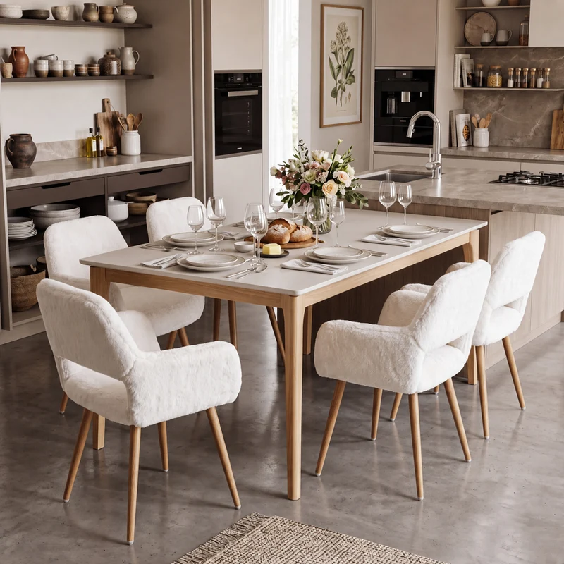 Lot de 6 fauteuils de salle à manger de style scandinave en fausse fourrure blanche avec pieds en métal effet bois