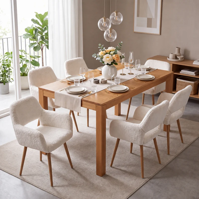 Lot de 6 fauteuils de salle à manger de style scandinave en fausse fourrure blanche avec pieds en métal effet bois