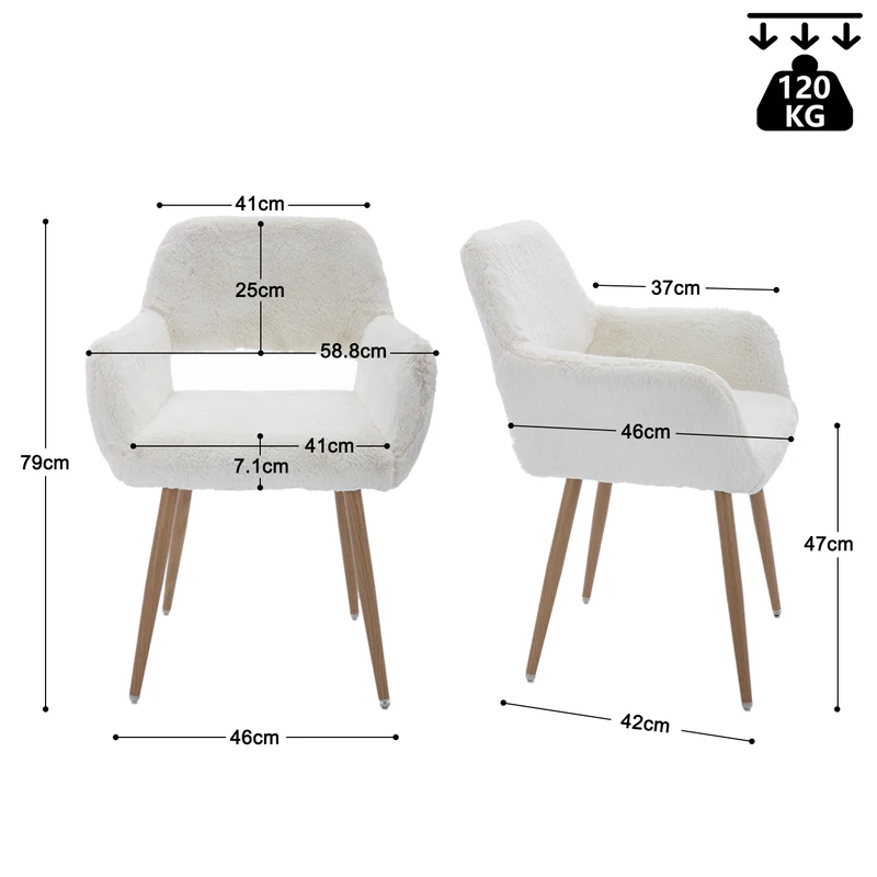 Lot de 4 fauteuils de salle à manger de style scandinave en fausse fourrure blanche avec pieds en métal effet bois