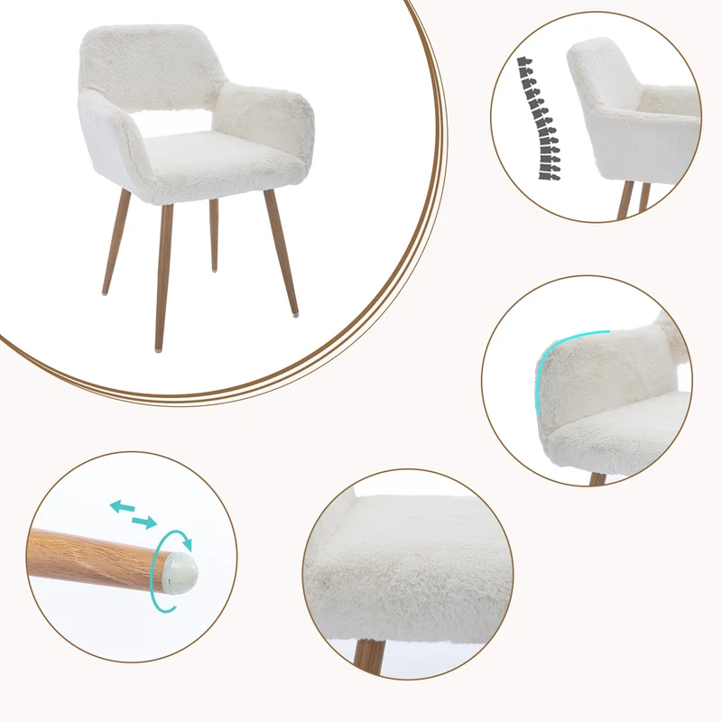 Lot de 4 fauteuils de salle à manger de style scandinave en fausse fourrure blanche avec pieds en métal effet bois