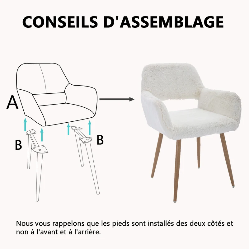 Lot de 4 fauteuils de salle à manger de style scandinave en fausse fourrure blanche avec pieds en métal effet bois