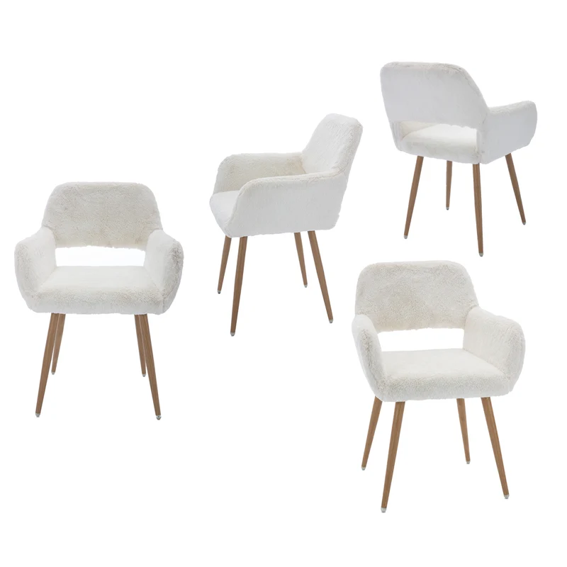 Lot de 4 fauteuils de salle à manger de style scandinave en fausse fourrure blanche avec pieds en métal effet bois